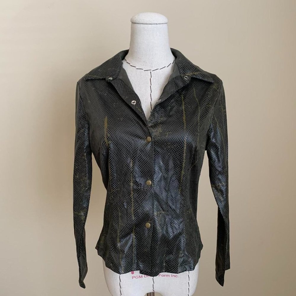 Vintage 90s Snakeskin Print Olive Green Fitted Top Blouse